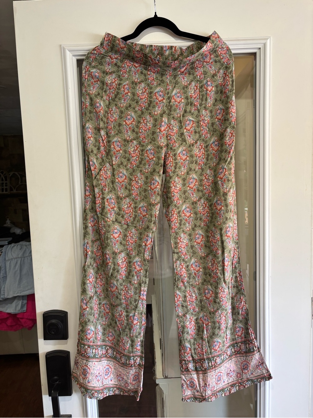 easel Olive Green Floral Wide-Leg Pants with Pink & Orange Accents